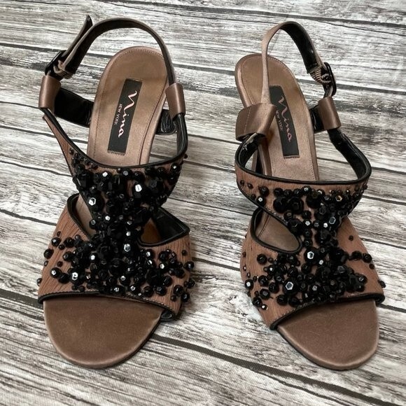 Nina Cutout Bead Stiletto Sandals Crepe Fabric Leather Sole 6.5 Black Rust Brown - Picture 1 of 12